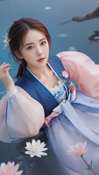 Masterpiece, top quality, official art, highly detailed CG 8k wallpaper, (petals) (detailed ice), crystal texture skin, cold pressed, (gorgeous hanbok), 22 year old Korean woman, full body, (pink hair), long hair, messy hair, blue eyes, looking at the audience, very delicate and beautiful, under water with strong light, (beautiful eyes), very detailed, movie lighting, (beautiful face), beautiful water surface, (original character painting), very Detail, incredibly meticulous, (very detailed and beautiful), beautiful meticulous eyes, (best quality)
,LinkGirl,xxmixgirl,3un,beautymix