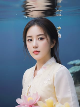 Masterpiece, top quality, official art, highly detailed cg 8k wallpaper, (petals) (detailed face), crystal texture skin, cold pressed, (blonde, yellow, long hair), 25 year old Korean woman, (full body;1,3 ), colorful traditional Korean hanbok, black eyes, looking at the audience, very delicate and beautiful, the light is strongly reflected in the water, (beautiful eyes), very detailed, movie lighting, (beautiful face), deep in the water, under the sea The coral is beautiful, very detailed, incredibly meticulous, (very detailed and beautiful), beautiful meticulous eye, (best quality)
,whole body,underwater