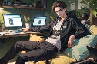 A man,  18 years old,  Dark brown hairstyle,  The hairstyle is medium short style,  facial features show typical Asian features,  Medium thick eyebrows,  Deep black eyes,  height of 187 centimeters,  muscular lines,  green Hoodie, black cotton pants,  Sitting in a black computer chair,  looking at a laptop.wardrobes,  beds,  green walls,  Morandi shades,  Clear facial features