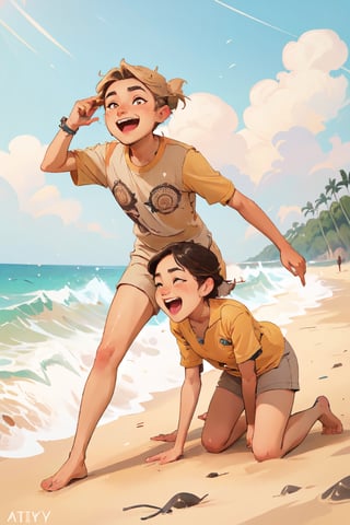 illustration of a dad(putra) an his girlfriend(eva elfie) playing on the beach, laughing, open eyes, look each other, art by Atey Ghailan,masterpiece, perfect anatomy,perfect detailed face, detailed symmetric hazel eyes with circular iris,Detailed face,