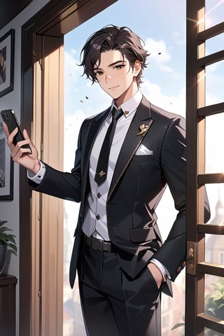 1man,((standing: 2.5)), black hair, standing on the balcony of a building, holding a cell phone in his hand and looking at the cell phone, smiling, blush, bangs, black eyes, parted lips, blurry, lips, ((suit: 1.1)), eyelashes, portrait, ((masterpiece: 2)), excellent quality, ((freckles: 1.5)), ((stunning_image: 1.5)), ((magma drops in air: 1)), medium long shot.,Ink art,jaeggernawt,lass