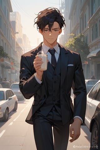 Score_9, Score_8_up, Score_7_up, Score_6_up, Score_5_up, Score_4_up,

1boy black hair, a very handsome man, wearing a black suit,day, sun, city, modern city, man walking in the city with a cup of coffe in one hand and talkin with phone in other hand, ciel_phantomhive,jaeggernawt,perfect finger,more detail XL