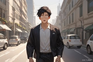 Score_9, Score_8_up, Score_7_up, Score_6_up, Score_5_up, Score_4_up,

1boy (black hair), a very handsome man, wearing a black suit,day, sunrice, city, modern city, walking in the street, the boy's coffee falls on the boy's shirt, surprised faces,  ciel_phantomhive,jaeggernawt,perfect finger,more detail XL