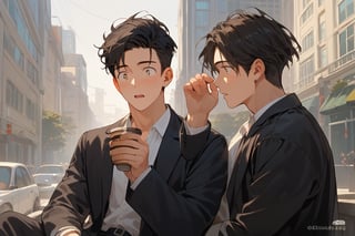Score_9, Score_8_up, Score_7_up, Score_6_up, Score_5_up, Score_4_up,

1boy (black hair), a very handsome man, wearing a black suit,day, sunrice, city, modern city, the boy's coffee falls on the boy's shirt, surprised faces,  ciel_phantomhive,jaeggernawt,perfect finger,more detail XL