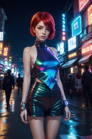 official art, unity 8k wallpaper, (ultra detailed), beautiful and aesthetic, beautiful, masterpiece, best quality, (1girl:1.3), (
short hair, red hair:1.4), cyberpunk, mechanical_arms , sexy, iridescent eyes, starry sky, standing, futurecamisole,street, neon light, full_body
