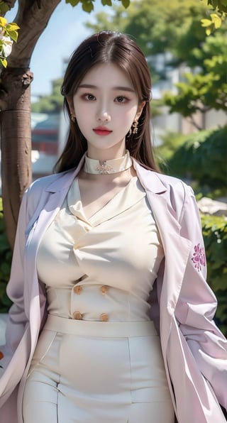 (Realistic, Photorealistic: 1.37), labcoat, white coat, K-Pop idol, ((highest quality)), ((intricate details)), ((surrealistic)), absurd resolution, 18 years old, young , chinese woman, point view, highly detailed illustration,  huge breasted, perfect hands, detailed fingers, beautifully detailed eyes, medium long hair, brown eyes, (turtleneck: 0.2), tight skirt:0.2, Detailed background, choker, perfect eyes, enchanting eyes, looking. Viewed from the front,girl