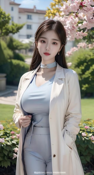 (Realistic, Photorealistic: 1.37), labcoat, white coat, K-Pop idol, ((highest quality)), ((intricate details)), ((surrealistic)), absurd resolution, 18 years old, young , chinese woman, point view, highly detailed illustration,  huge breasted, perfect hands, detailed fingers, beautifully detailed eyes, medium long hair, brown eyes, (turtleneck: 0.2), tight skirt:0.2, Detailed background, choker, perfect eyes, enchanting eyes, looking. Viewed from the front,girl