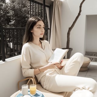 Balcony, a woman with blond hair, white shirt, reading on the balcony, simple slippers, sitting on a beige lounge chair, high quality photo, high light contrast, beautiful balcony, balcony garden, tall buildings in the distance, high quality, blue sky, strong sunlight effect,