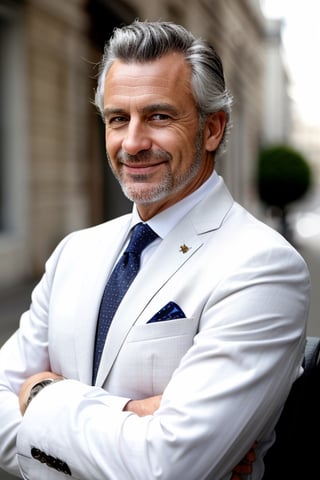 The boss, male, crosses his arms, french,50 years old, European, white hair, suit, smile