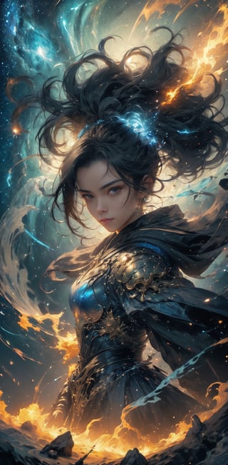 1girl, beautiful, bleck eyes, long black hair, powerful appearance, magical surrealism, armored blue metal robe, electricity current flowing around body, Gorgeous, ethereal aura, ray tracing, sidelighting, detailed face, bright skin, dreamlike atmosphere, starry nebula background, Sharp glossy focus, equirectangular 360, Highres 8k, extreme detailed, aesthetic, masterpiece, best quality, rich texture, kinetic move effect, colorful,Movie Still,solo,r1ge,haifeisi,