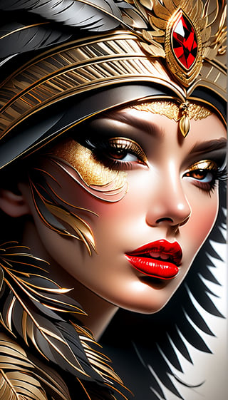 A stunning and detailed portrayal of a woman with red lipstick and a gold , black feather, capturing the essence of beauty in UHD 4K. This gorgeous digital art, reminiscent of the mastery of Karol Bak and Alessandro Pautasso, exemplifies airbrush techniques and glossy textures, creating a truly beautiful and detailed digital artwork.