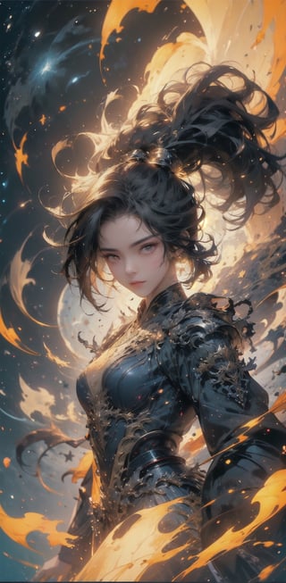1girl, beautiful, bleck eyes, long black hair, powerful appearance, magical surrealism, armored blue metal robe, electricity current flowing around body, Gorgeous, ethereal aura, ray tracing, sidelighting, detailed face, bright skin, dreamlike atmosphere, starry nebula background, Sharp glossy focus, equirectangular 360, Highres 8k, extreme detailed, aesthetic, masterpiece, best quality, rich texture, kinetic move effect, colorful,Movie Still,solo,r1ge,haifeisi,