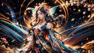  young woman with beautiful blowing hair and mesmerizing eyes, wearing a flowing red gold dress made of petals, in a serene garden (filled with blooming flowers), a representation of beauty and grace, charming, cute, beautiful, ultra detailed, dream like shot, 8k, sunset, ((holographic))), (((rainbowish))), expressive, cinematic, dynamic pose,midjourney, fullbody, many many glowing colorful butterflies,huoshen
