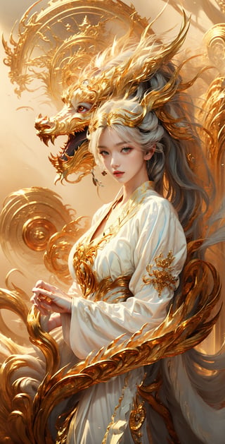 masterpiece, top quality, best quality, official art, beautiful and aesthetic:1.2), (1girl:1.3), chinese dragon, eastern dragon, golden line, (white theme:1.6), volumetric lighting, ultra-high quality, photorealistic, sky background,3va,Circle,Realism