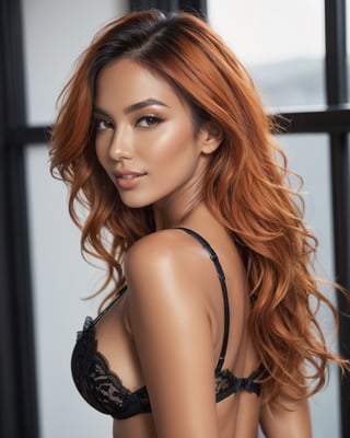  latina woman, long messy (((orange))) hair, 27 years old, gorgeous slim body, athletic body, wearing (((black))) lace lingerie, teasing viewer by window, looking at viewer over shoulder, glistening wet body, photographed by MarioTestino,  lit from behind, seductive face, seductive gaze, seductive smile, hyper realistic, big round breasts, glistening big breasts, full body picture, posing very sexy, (luxurious minimalistic bedroom:1.5),p3rfect boobs,Enhanced All,cleavage,secret, shot from behind, 