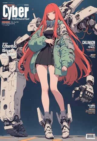 (magazine cover:1.4),
1girl with her hands crossed in front of her chest, , solo, cyber, cybernetic, looking at viewer, (red long hair:1.1), full body, with an incredibly huge mechanical arm behind her. The sturdy black mechanical arm features tank-like armor and a turret-like weapon, 
txznmec, ,dripjacket