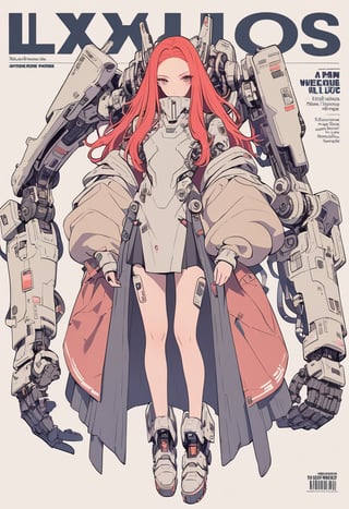 (magazine cover:1.4),
1girl, solo, cyber, cybernetic, looking at viewer, (red long hair:1.1), full body, with her hands crossed in front of her chest, with an enormous mechanical arm behind her. The sturdy robotic arm resembles tank armor and features a turret,
txznmec, LuxuriousWheelsCostume