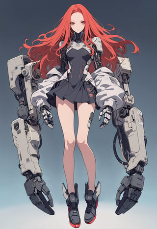 (magazine cover:1.4),
1girl, solo, cyber, cybernetic, looking at viewer, (red long hair:1.1), full body, with her hands crossed in front of her chest, with an incredibly huge mechanical arm behind her. The sturdy black mechanical arm features tank-like armor and a turret-like weapon,
txznmec, LuxuriousWheelsCostume