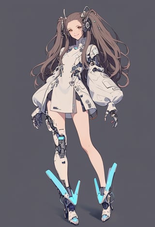 simple background, 1girl, full body, solo, cyber, cybernetic, 
a woman, (long brunette hair:1.1), (sparkling brown eyes:1.1), smile,  
txznmec, LuxuriousWheelsCostume