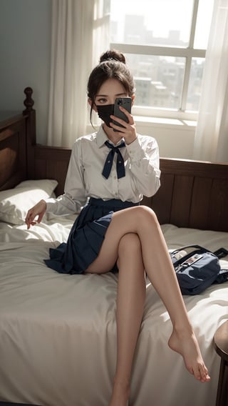 photorealistic, masterpiece, best quality, raw photo, 1girl, solo, detailed background, fine detailed, intricate detail, ray tracing, depth of field, low key, hdr, best illustrative, extremely detailed 8k cg wallpaper, film grain palette, cold colors palette, dim lights, short ponytail, bangs, selfie, perfect legs, selfie, phone, holding a phone, take a selfie with phone covering face,1 girl, fully covered face, skinny, perfect fingers, white skin, large breasts, huge breasts, perfect hands, perfect arms, expert shading, phone covering face, casual dress, pose, selfie pose, gesture, gesturing, full body, perfect feet,yuzu, school girl, school_uniform, collared shirt, pleated skirt, dark blue skirt, micro skirt, thighhigh, thigh high, bedroom background, surrounding objects (bedroom, bed), bed background, dynamic pose, hips up, sitting, pantyshot, panty, sitting down, sitting on bed, thin legs, (thin legs:1.5), head of out frame, mask, facemask, wearing a facemask, covered face, peace sign, one leg over another, side view, from side, perfect hands, perfect arms, perfect legs, showing panties,perfect, feet out of frame, no feet, solo focus, zoom in, ass,