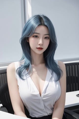 Illustrate a girl name Ani,  blue_hair, which is seductive & sensuous attractive. wearing office atire, office, office_lady, long flowing hair, 16k,  high_resolution, realistic, big_breasts ,perfect, ,hand