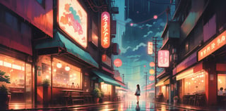 fine art,  oil painting, amazing sky,
.
 Girl sitting in a coffee shop, dreaming, Wear headphones, night lights, cloudy landscape on a rainy day, Analog Color Theme, Lo-Fi Hip Hop , retrospective, flat, 2.5D, Large slope, Watercolor painting, Studio Ghibli Style, Awesome colorful, Outer Ton, krautrock, lofi art,  70s style,Old texture, amplitude,psychedelic vibe, masterpiece, Tremendous technology,
.
Makoto shinkai style, 2d, flat, cute, adorable, vintage, art on a cracked paper, fairytale, storybook detailed illustration, cinematic, ultra highly detailed, tiny details, beautiful details, mystical, vibrant colors, complex background,more detail XL,girl,lofi