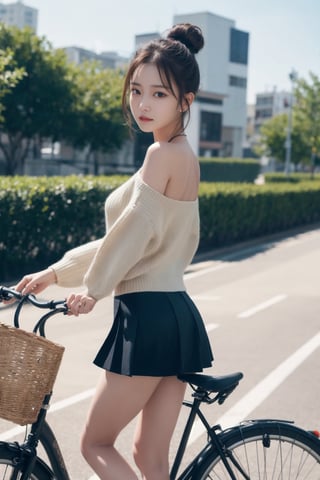 8K Cinema Reality, High resolution, high quality, a girl riding a bicycle in a short skirt, open shoulder Wearing a sweater, Skirt, hiheal, Korean style, Shy expression, Full-body shot, small natural finger, Roll bun hair style, blue_eyes