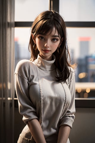  8k,masterpiece,best quality,short-haired girl with brown hair, realistic face,city scape, sweater_dress,aroused_face,8K resolution, in a realistic setting,body shot, with a realistic background, 3Dcinematic,chillout mix,lighting,browneyes,Multiple_earrings,long hair,hydrotech,modernvilla,eager pet pose,ninjascroll,kawacy,no_humans,night_view_background,interior