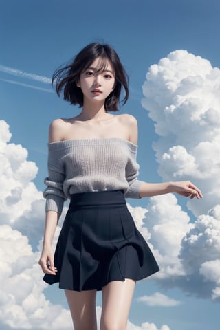 8K Cinema Reality, High resolution, high quality, A girl flying on clouds, open shoulder Wearing a sweater, Skirt, hiheal, Korean style, Shy expression, Full-body shot, small natural finger, disheveled short hair style, blue_eyes