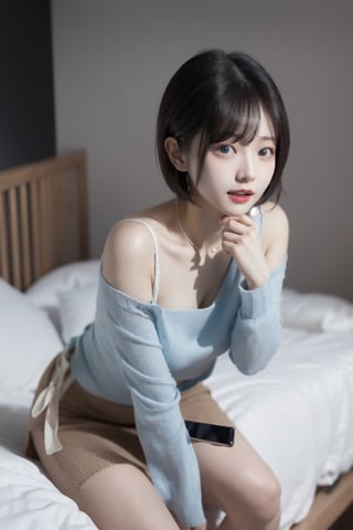 8k 3d  Reality, (best quality), (masterpiece), (korean pretty girl), a girl lying in bed, making humorous gestures, real face, a natural facial expression, clean and white skin, see blue eyes, a small natural finger, thin, small, and pretty hands, open shoulder Sweater shirt, micro short Skirt, tied short brown hair, Reality 3d background, ,zzenny_n,1 girl,hold_up_legs,nightgown