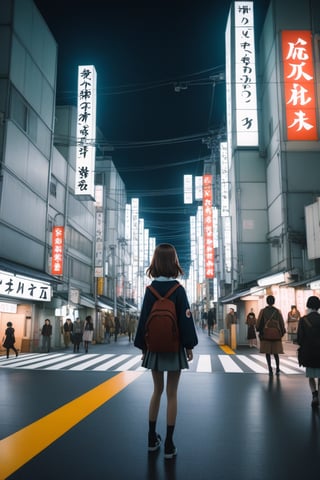 A girl standing on a pedestrian walk in the background of a city that is likely to appear in Japanese animation,StdGBRedmAF,kaisatsu