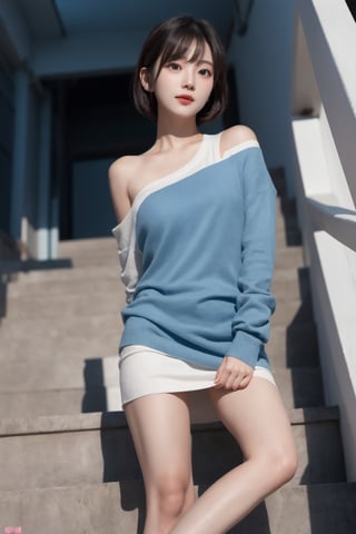 8k 3d  Reality, (best quality), (masterpiece), (korean pretty girl), Barefoot, the back of a girl walking barefoot up the stairs, making humorous gestures, real face, a natural facial expression, clean and white skin, see blue eyes, a small natural finger, thin, small, and pretty hands, open shoulder Sweater shirt, micro short Skirt, tied short brown hair, Reality 3d background, ,zzenny_n,1 girl,hold_up_legs,nightgown