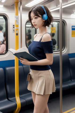 8K Cinema Reality, High resolution, high quality, A girl reading a book with airpods on the subway in a short skirt, open shoulder Wearing a short-sleeved color knitwear, Skirt, High heels, Korean style, Shy expression, Full-body shot, a small natural five finger, tied hair style, blue_eyes