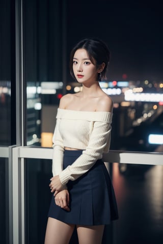 8K Cinema Reality, High resolution, high quality, A girl looking down at the city from a tall building on a dark night, Korean idol style, Full-body shot, small hands, a little pretty hands, small natural five little finger, short hair up, see blue_eyes, red color sweater with a Open shoulder, mini skirt, bright white skin,