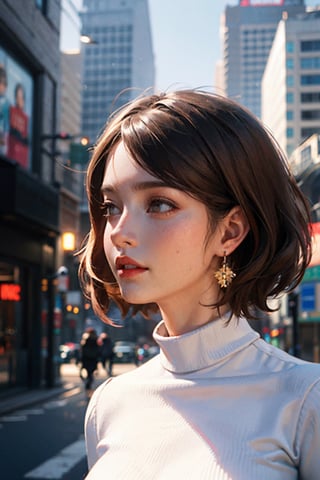  8k,masterpiece,best quality,short-haired girl with brown hair, realistic face,city scape, sweater_dress,aroused_face,8K resolution, in a realistic setting,body shot, with a realistic background, 3Dcinematic , chillout mix,lighting,browneyes,Multiple_earrings,