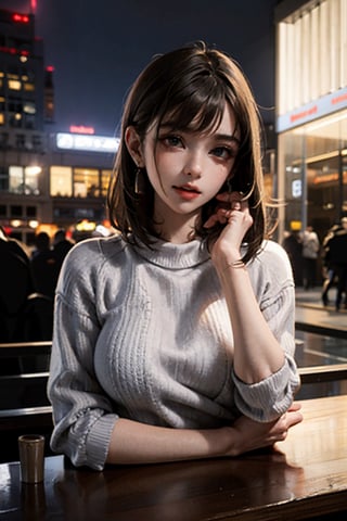  8k,masterpiece,best quality,short-haired girl with brown hair, realistic face,city scape, sweater_dress,aroused_face,8K resolution, in a realistic setting,body shot, with a realistic background, 3Dcinematic,chillout mix,lighting,browneyes,Multiple_earrings,long hair,hydrotech,modernvilla,eager pet pose,ninjascroll,kawacy,no_humans,night_view_background,interior