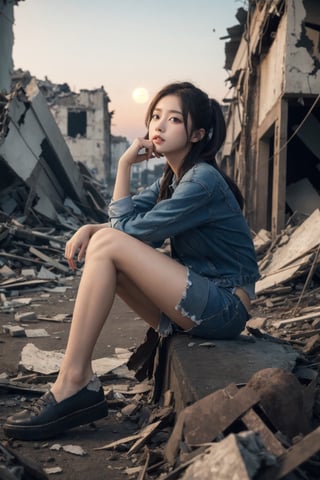 8K Cinema Reality, High resolution, high quality, A girl sitting in old, broken clothes in a ruined city where the big moon shines, Korean style, Full-body shot, small hands, small natural five finger, tied hair style, blue_eyes