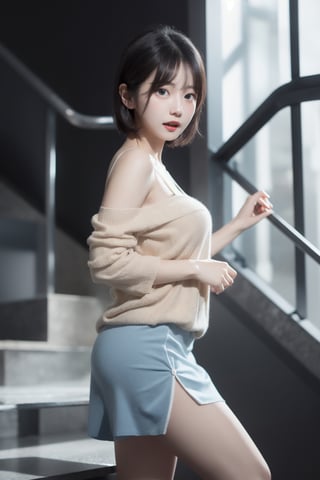 8k 3d  Reality, (best quality), (masterpiece), (korean pretty girl), Barefoot, the back of a girl walking barefoot up the stairs, making humorous gestures, real face, a natural facial expression, clean and white skin, see blue eyes, a small natural finger, thin, small, and pretty hands, open shoulder Sweater shirt, micro short Skirt, tied short brown hair, Reality 3d background, ,zzenny_n,1 girl,hold_up_legs,nightgown