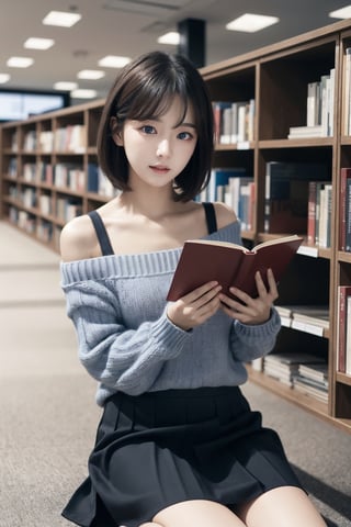 8K Cinema Reality, High resolution, high quality, A A girl sitting on the library floor reading a book, open shoulder Wearing a sweater, Skirt, Korean style, Shy expression, Full-body shot, small natural finger, v-cut hair, blue_eyes