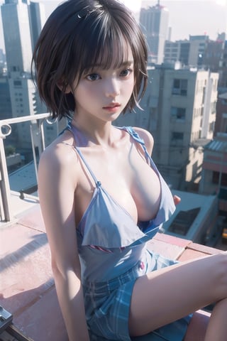 8k, masterpiece, best quality, realistic, sharp focus, cinematic lighting, extremely detailed, epic, natural dropping breast, halterneck, brown hime_cut,rooftop, sitting
, cuty urban , chest open, outfit,3DMM,high_school_girl,