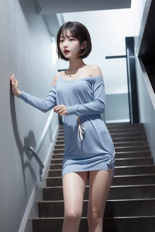 8k 3d  Reality, (best quality), (masterpiece), (korean pretty girl), Barefoot, the back of a girl walking barefoot up the stairs, making humorous gestures, real face, a natural facial expression, clean and white skin, see blue eyes, a small natural finger, thin, small, and pretty hands, open shoulder Sweater shirt, micro short Skirt, tied short brown hair, Reality 3d background, ,zzenny_n,1 girl,hold_up_legs,nightgown