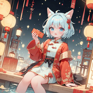 (masterpiece, best quality, highres:1.3), ultra resolution image, (1girl), ((solo), smile, happy, red cotton jacket, chinese red coat, chinese new year, chinese new year clothing, red lantern, chinese red lantern, spring couplets, spring festival, chinese dragon, Year of the Dragon, gold ingot, chinese traditional decoration, red clothing,  ((light_blue_hair)),  short_hair, blue_eyes
