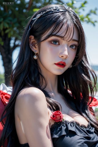 (8k, RAW photo, photorealistic:1.25), (huge breasts), (highly detailed Caucasian skin:1.2), (1girl, solo, long hair, bangs, blue eyes, black hair, hair ornament, dress, ribbon, bare shoulders, jewelry, closed mouth, upper body, flower, earrings, sleeveless, hair flower, black dress, makeup, rose, tiara, lipstick, red flower, red rose, red lips), A close up of the person, well sunlit, outdoor, ulzzang, ((looking at viewer)), Serene and goddess-like,photo of perfecteyes eyes,shirt_lift