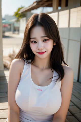 baby face(white tank top)(teen:1.5)Laughter((bangs)),masterpiece,best quality,ultra detailed(Huge breasts:1.1),(slim body:1.4),best quality, masterpiece, ultra high res, (photorealistic:1.4), RAW photo
,shirt_lift,Chaeyoung,KimTaeyeon,aespakarina,Makeup