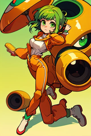 (best quality, masterpiece), soft lighting, dynamic upper angle, 1girl, solo girl, Megpoid Gumi, beautiful short hair with two large bangs, beautiful detailed eyes, simple design, rounded boobs, upper view, green hair, green eyes, (engineer suit), Yellow helmet, white shirt, red googles, agressive pose, deep shadows in the eyes, full body portrait, cute face proportions, shape language, GUMI