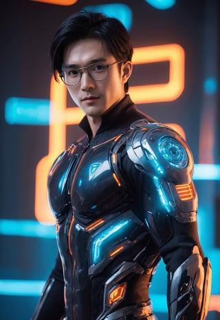 A strong and athletic Asian man wearing a white jacket and a shirt,stubble,glasses, (upper body:1.2), (simple black background:1.2), (computer matrix), (digital dissolve:1.4), (cyborg), pale skin, (short hair), ((black hair)), (blue hair), (hair gradient:1.5), (glowing eyes:1.2), orange eyes, (looking at viewer), light smile, hand on own face, (black sweater, long sleeves:1.4), (masterpiece, best quality),Close mouth,
, smile, (oil shiny skin:1.3), (huge_boobs:2.4), willowy, chiseled, (hunky:2), body turn 46 degree, (perfect anatomy, prefecthand, long fingers, 4 fingers, 1 thumb), 9 head body lenth, dynamic sexy pose, breast apart, ((medium shot )), (artistic pose of a woman),photo r3al,neon style,simple background,NIJI STYLE,DonMChr0m4t3rr4XL ,DonMF41ryW1ng5XL,Strong Backlit Particles, Asian man