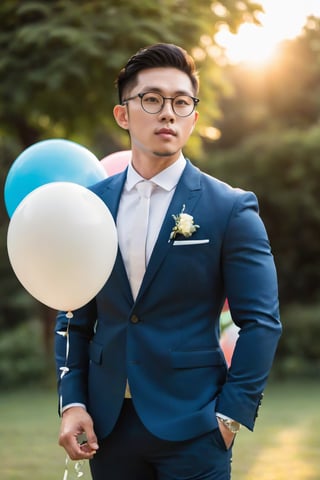 Asian man , young , white skin , handsome ,thick stubble ,round glasses , realistic, big eyes , full body , muscle,suit, bridegroom , sunshine, light piercing, nature light , wedding , balloons,