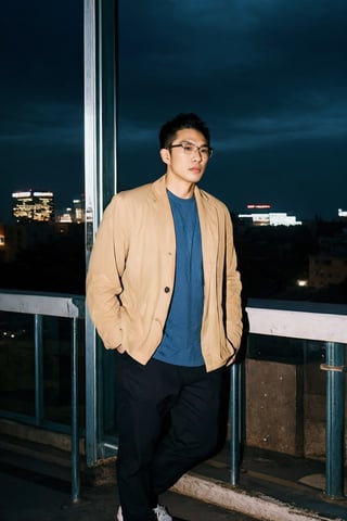 professional photography, RAW photo, HDR, UHD, 64K, perfect composition, natural lighting, handsome ,asina man,  realistic ,glasses ,stubble , Asian man,flash,flashlight, cityscape, handsome , 