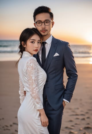Asian man with glasses and stubble,wearing suit,a beautiful girl wearing white dress ,looking at me,with the background of beach and sunset