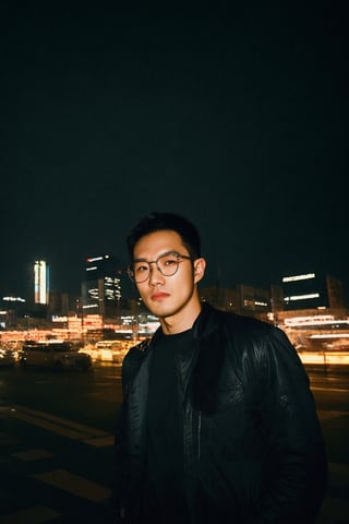 professional photography, RAW photo, HDR, UHD, 64K, perfect composition, natural lighting, handsome ,asina man,  realistic ,glasses ,stubble , Asian man,flash,flashlight, cityscape